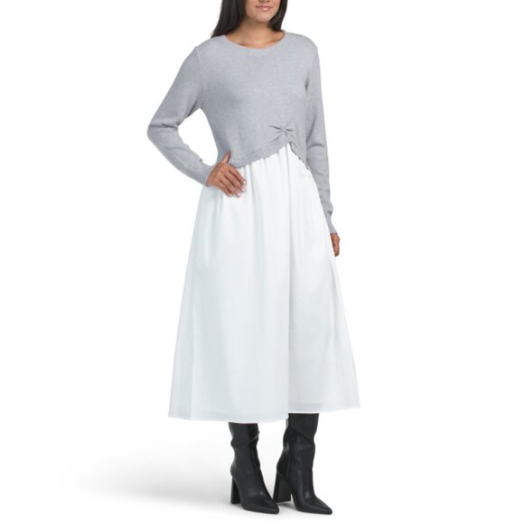 IN FEBRUARY Grey/White Mixed Media Midi Sweater Dress With Knot Accent